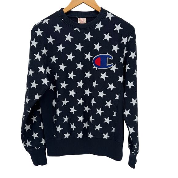 Champion Tops - Champion Sweatshirt Womens Medium Blue Star All Over Print Reverse Weave Warm Up
